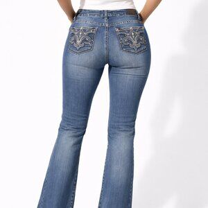 Love Indigo Women's Jeans 36/30 Blue Denim Embroidered Rhinestones Distressed